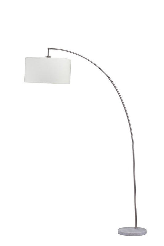HomeRoots 86-inch white and silver arc floor lamp with white drum shade, modern design and curved metal base for living room lighting.