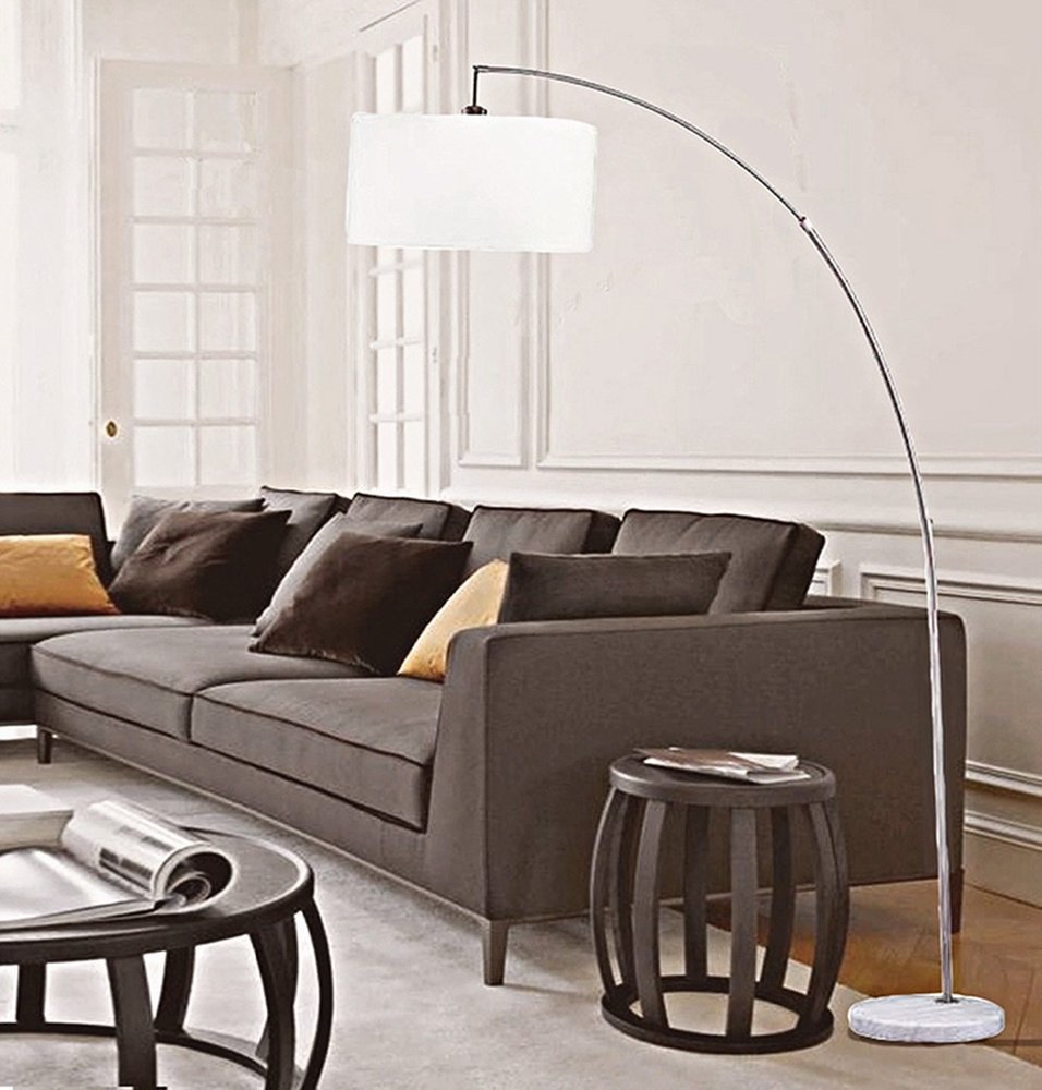 HomeRoots 86-inch white and silver arc floor lamp with white drum shade, modern lighting with curved metal design.