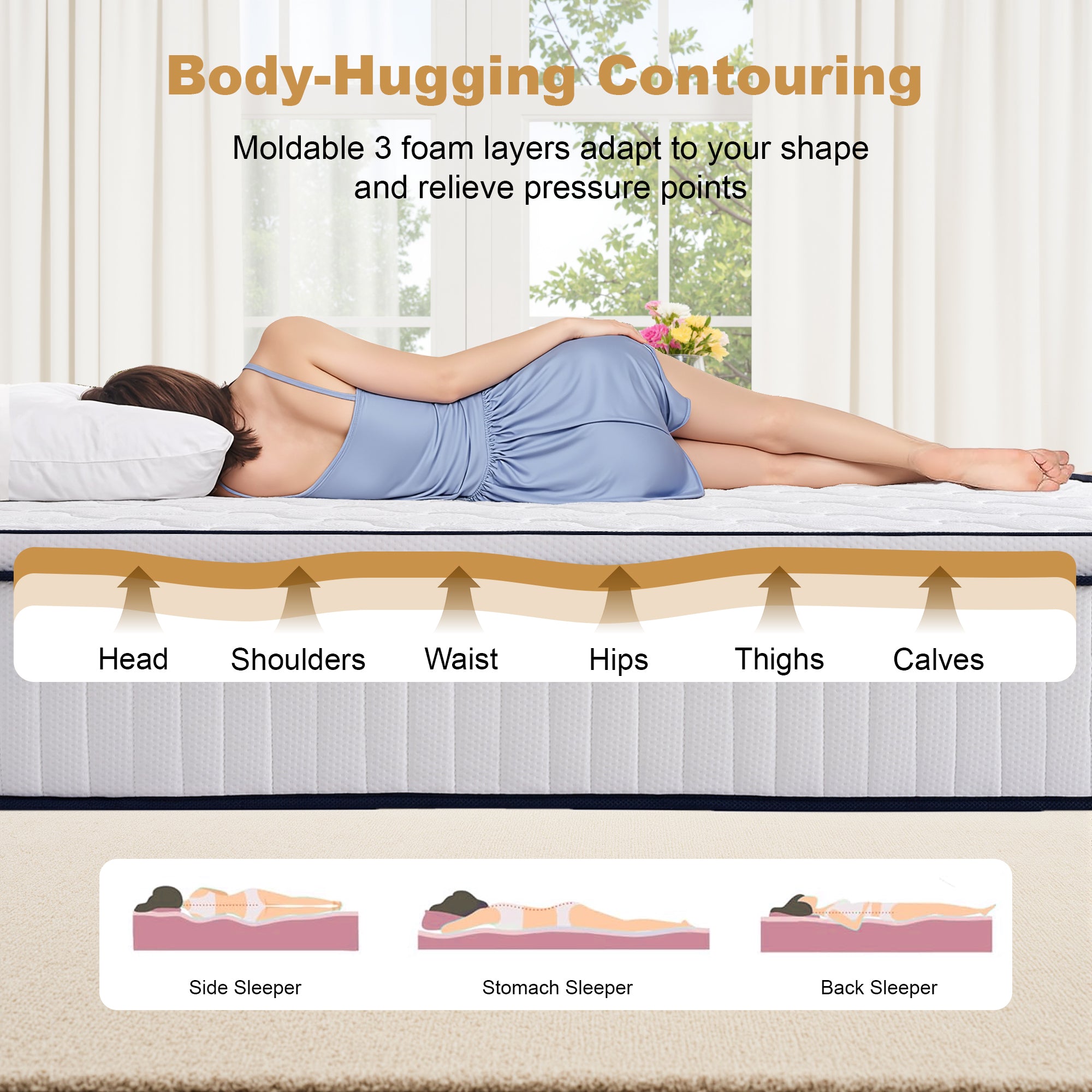 Anthony & Home memory foam queen mattress with pocket springs, showing a plush, comfortable surface with layered foam and pocket spring support.