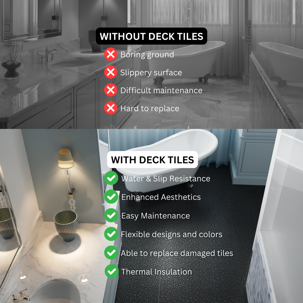 Black interlocking deck tiles from Anthony & Home, 12x12 inch all-weather, anti-slip polymer for indoor and outdoor use