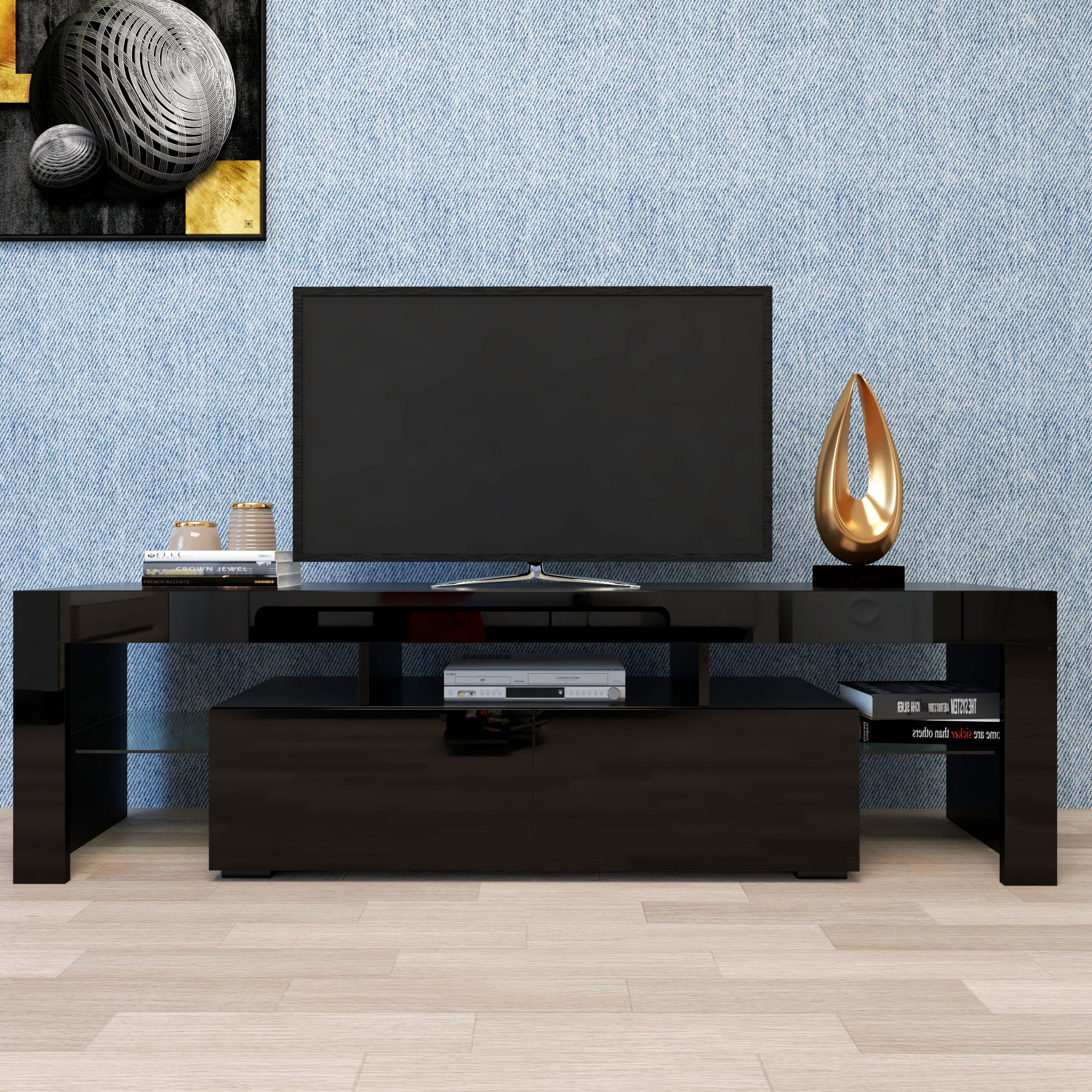 Matte black MDF TV console from Anthony & Home featuring sleek modern design and spacious storage compartments.