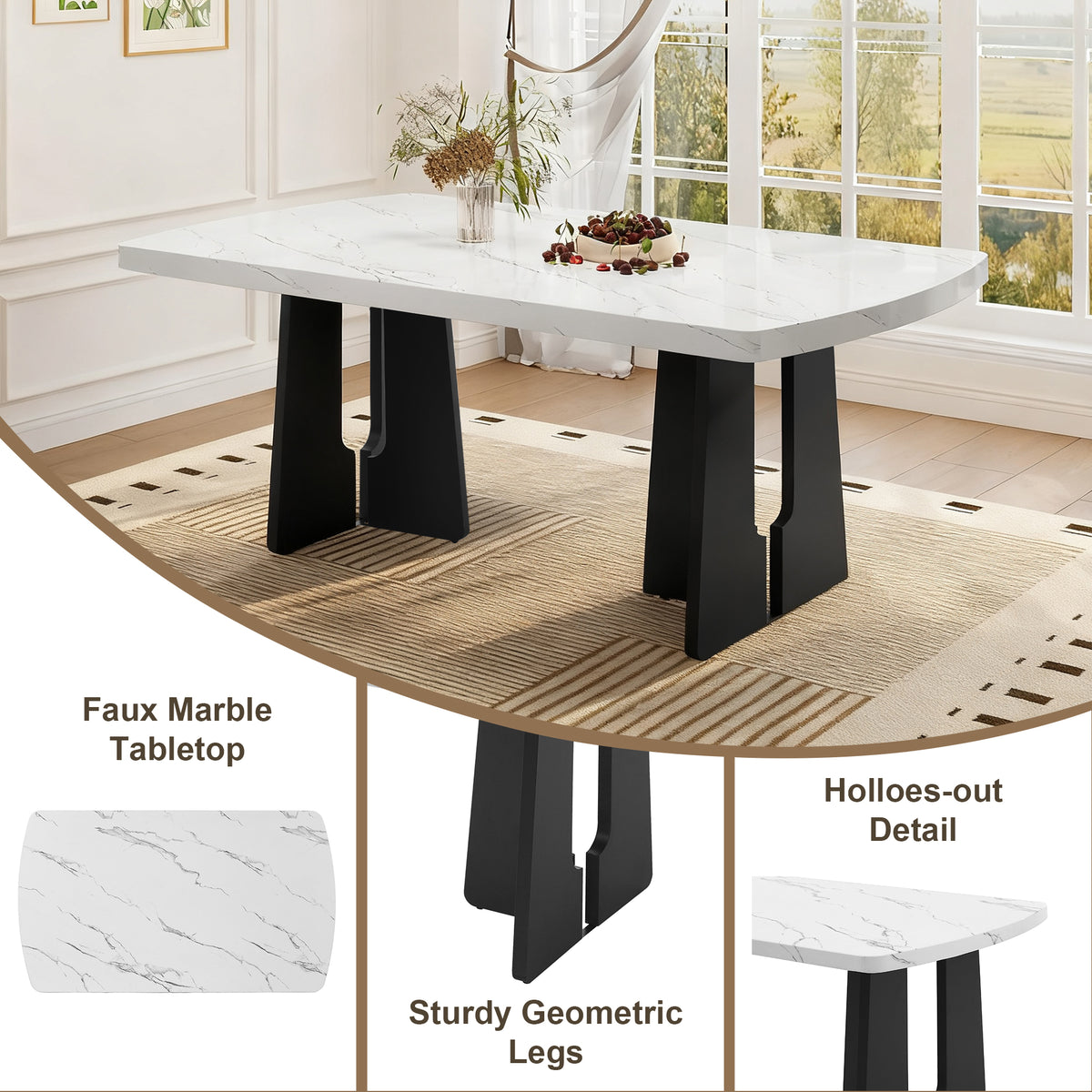Black and white faux marble dining table with geometric black legs by Anthony & Home, showcasing a modern, stylish design.