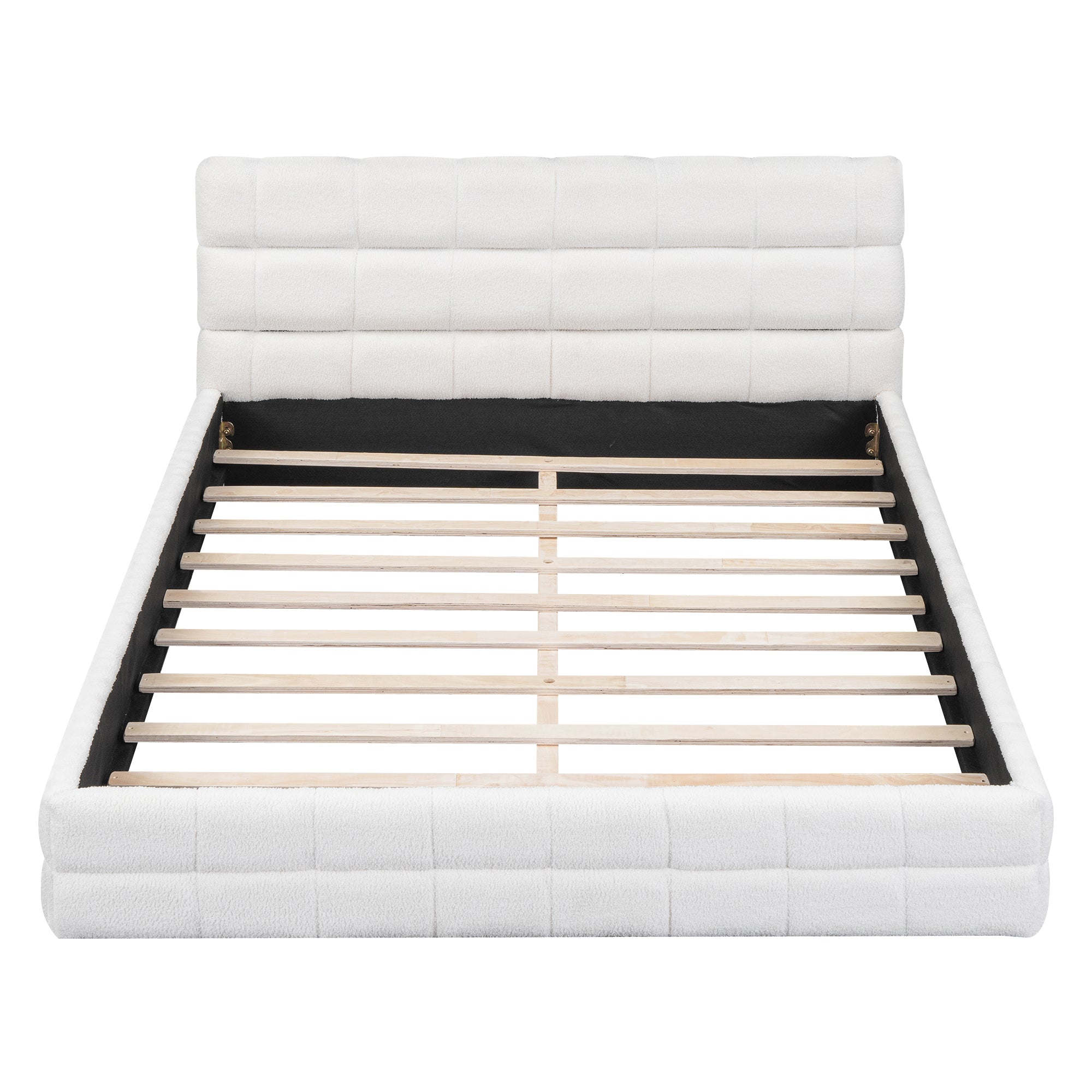 Queen platform bed with white velvet upholstery and wood frame by Anthony & Home, showcasing a modern bedroom design
