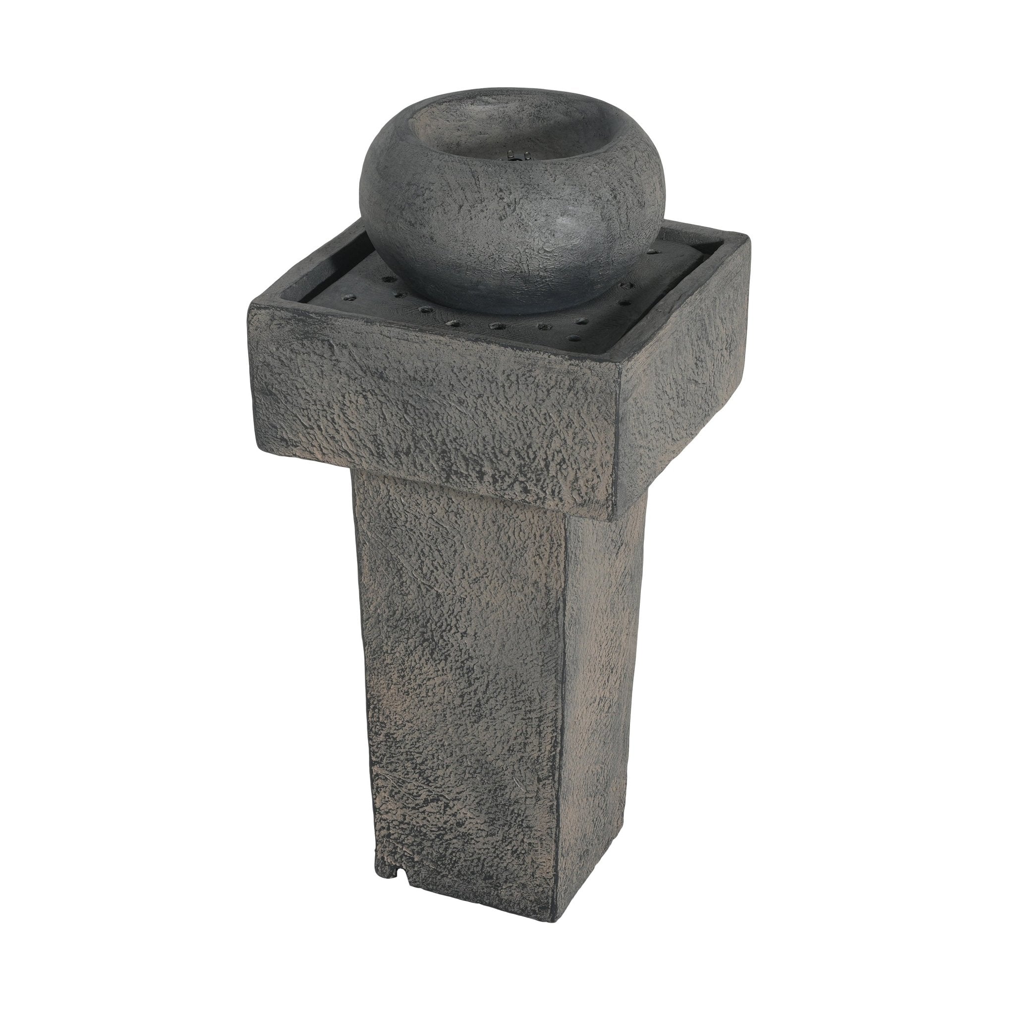 Concrete column fountain with integrated lighting, featuring the Anthony & Home Signature design, in an outdoor garden setting.