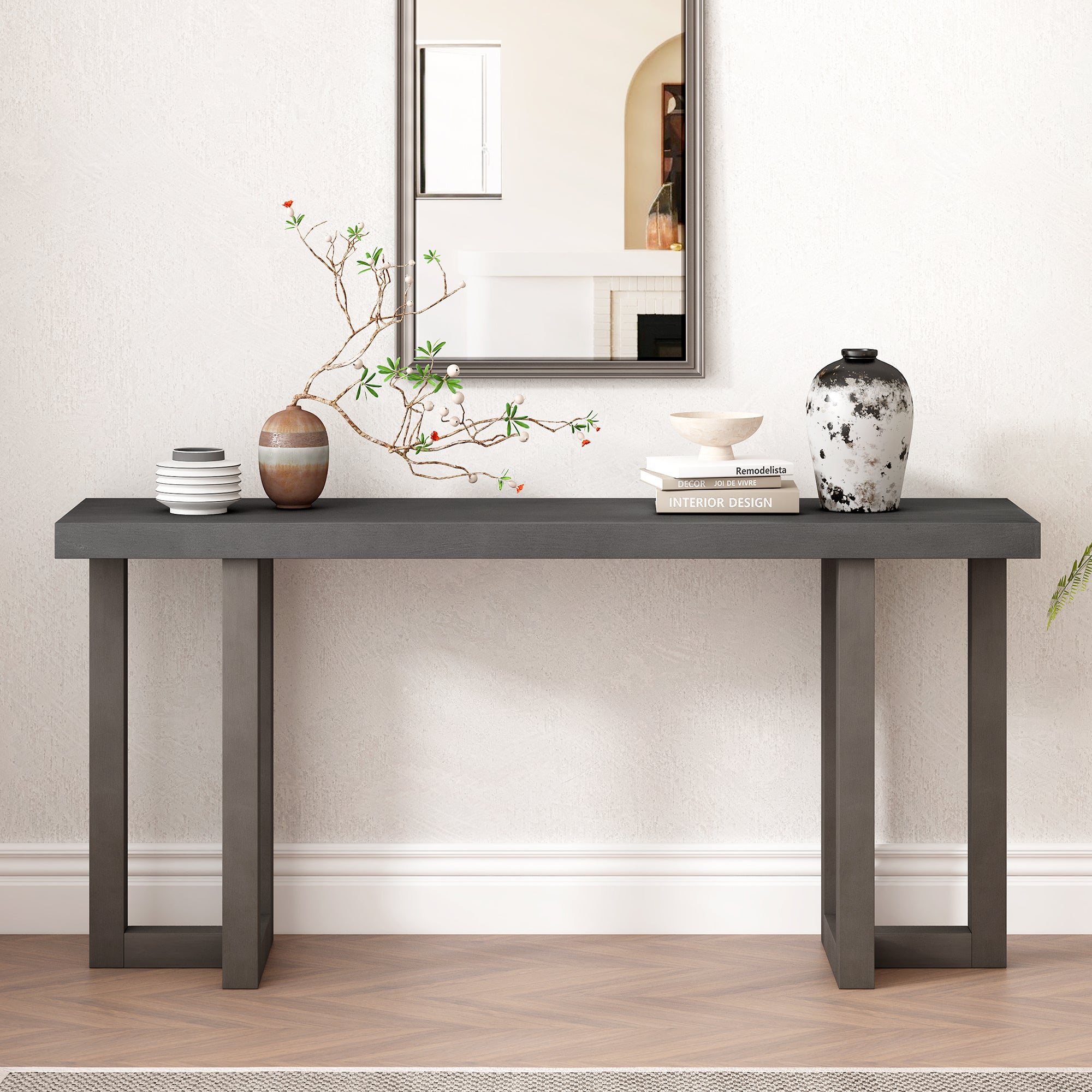 Dark gray U Style geometric console table with pine legs from Anthony & Home Limited Edition collection.