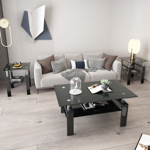 Set of 2 Modern Tempered Glass Tea Coffee End Tables Black