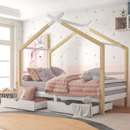 Kids Single Bed Frame With Storage Pine Wood Canopy Bed