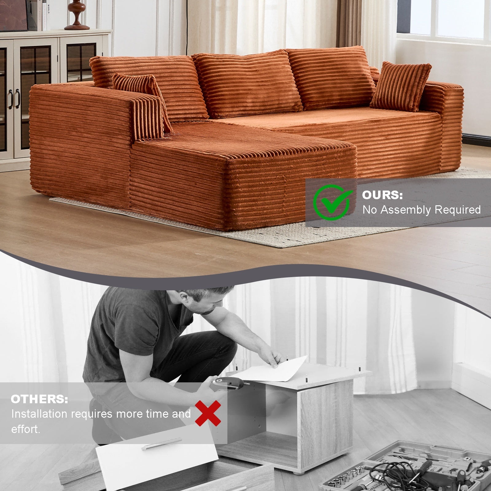Corduroy Brown Modular Sectional Sofa With Chaise Lounge