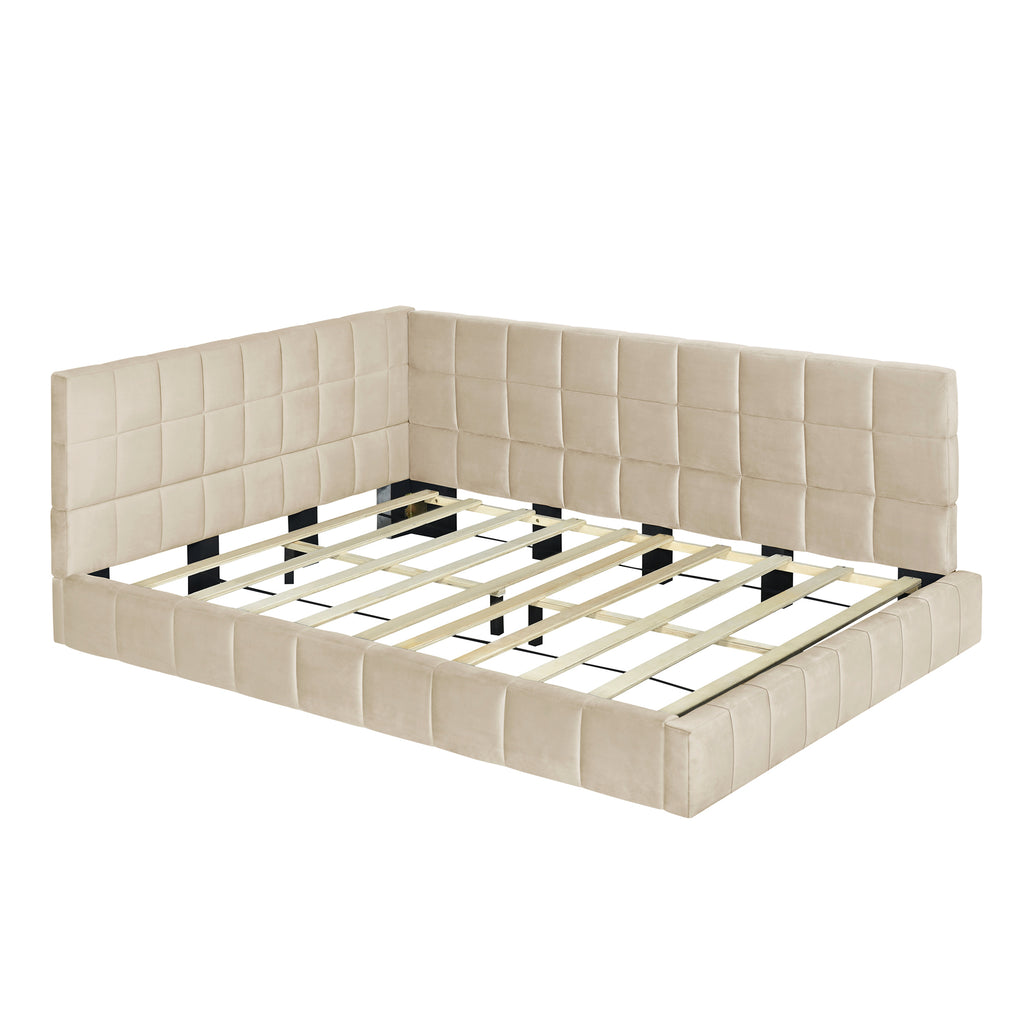 Velvet beige full-size daybed frame from Anthony & Home Atelier Collection with a modern design and wooden legs.