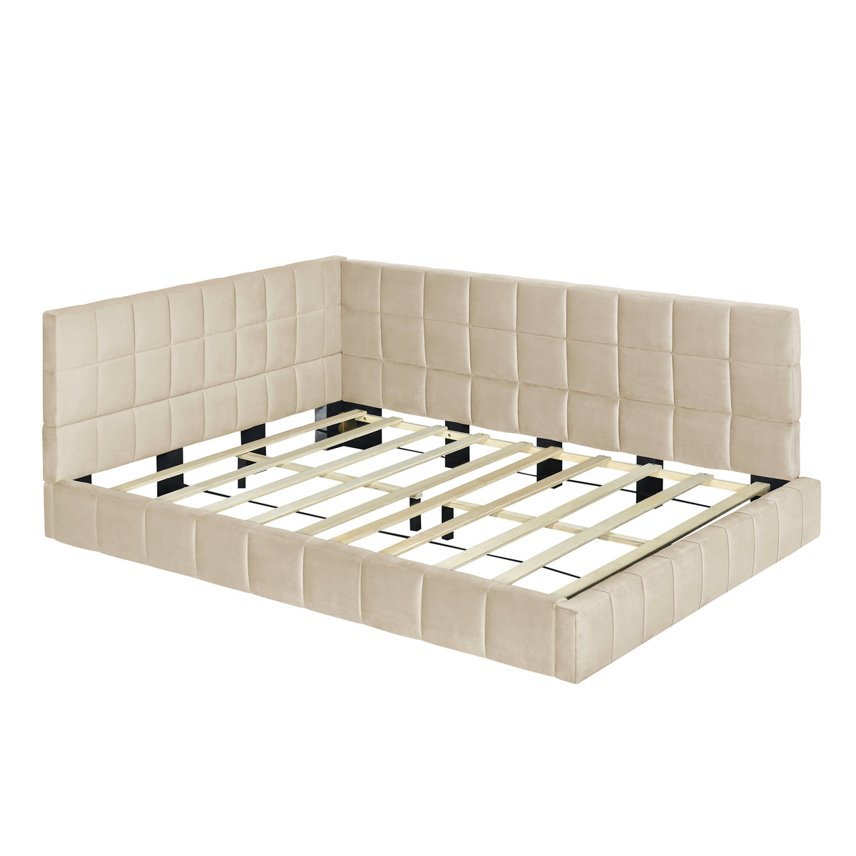 Velvet beige full-size daybed frame from Anthony & Home Atelier Collection with a modern design and wooden legs.