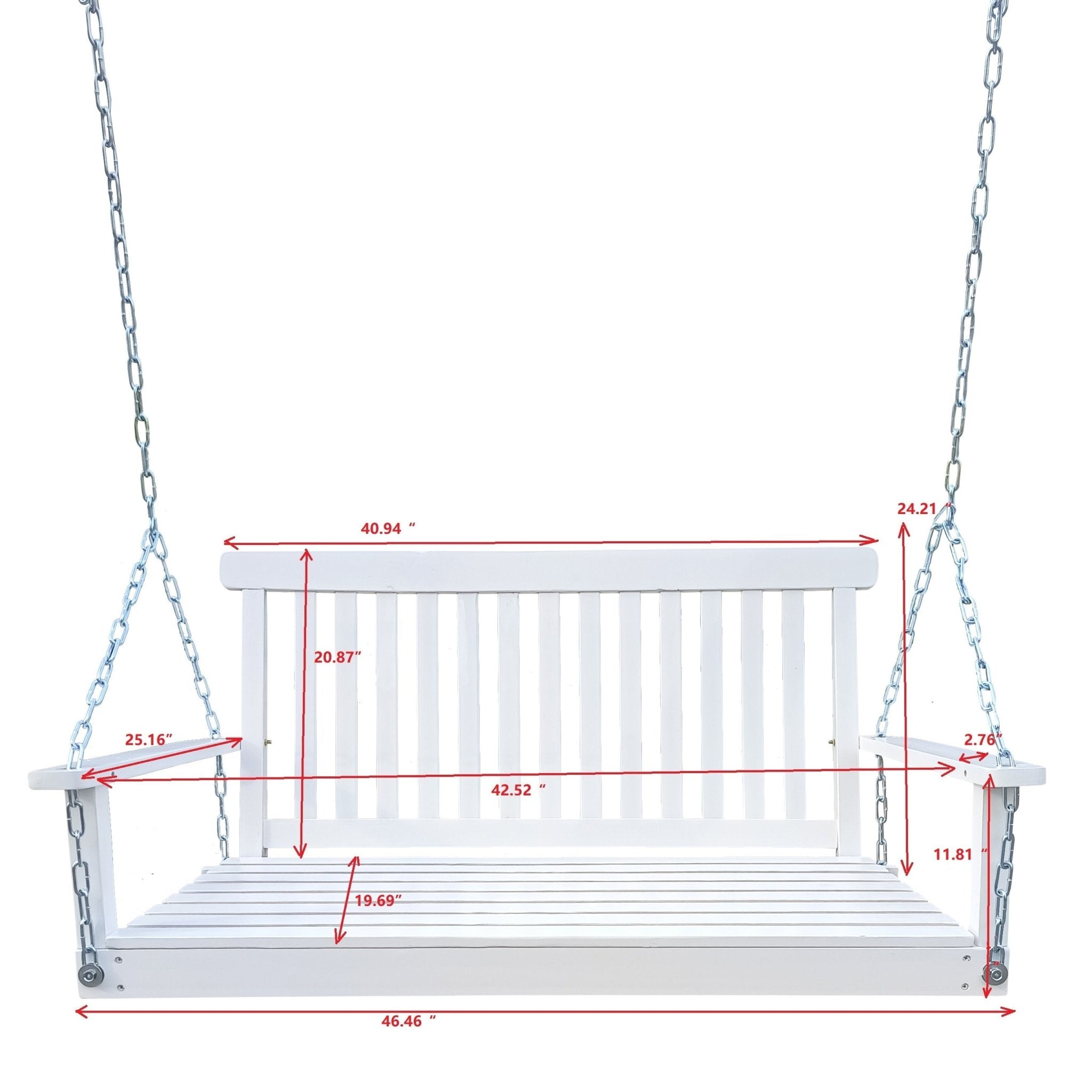 Anthony & Home Signature White Finish Fir Wood Porch Swing hanging with cushions on a porch, showcasing sturdy craftsmanship and classic style.