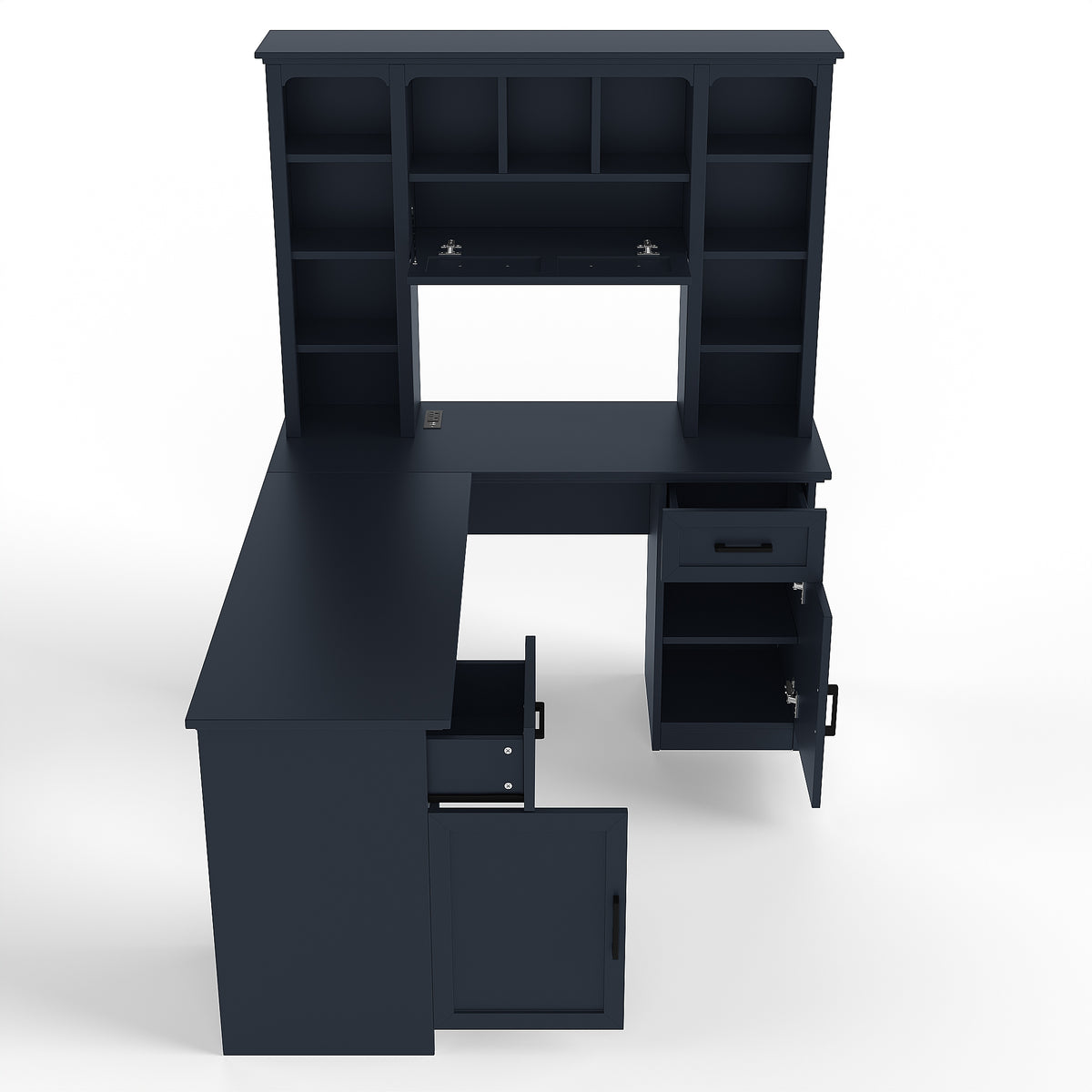 L-shaped Anthony & Home Atelier desk with power outlet, two cabinets, two drawers, 11 shelves, and a right flip shelf.