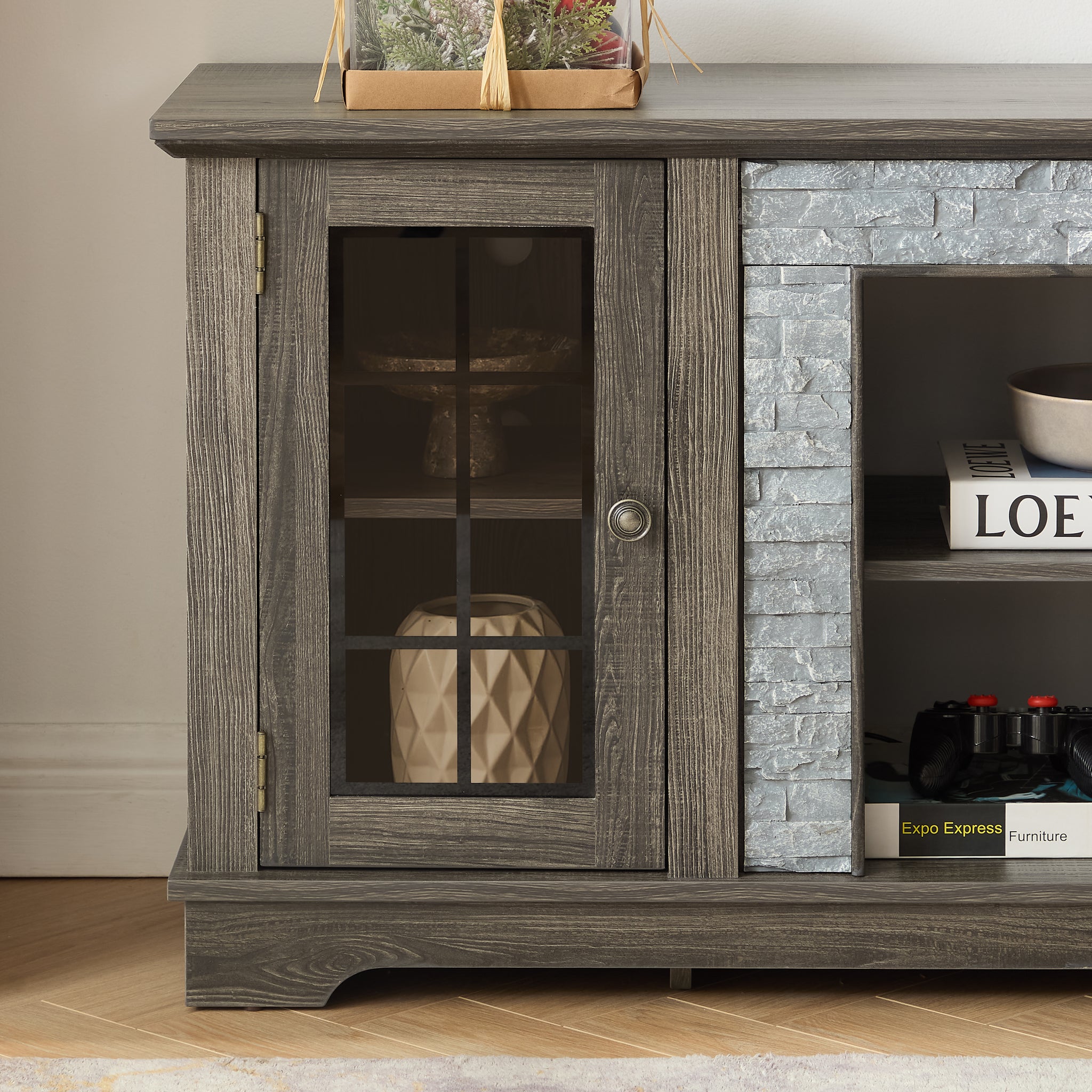 Anthony & Home Atelier Faux Stone grey TV stand with open shelving and modern design, perfect for contemporary living rooms.