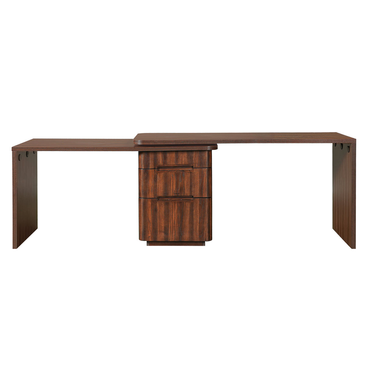 Walnut L-shaped desk with 3 drawers and 360-degree rotation by Anthony & Home, featuring a sleek modern design.