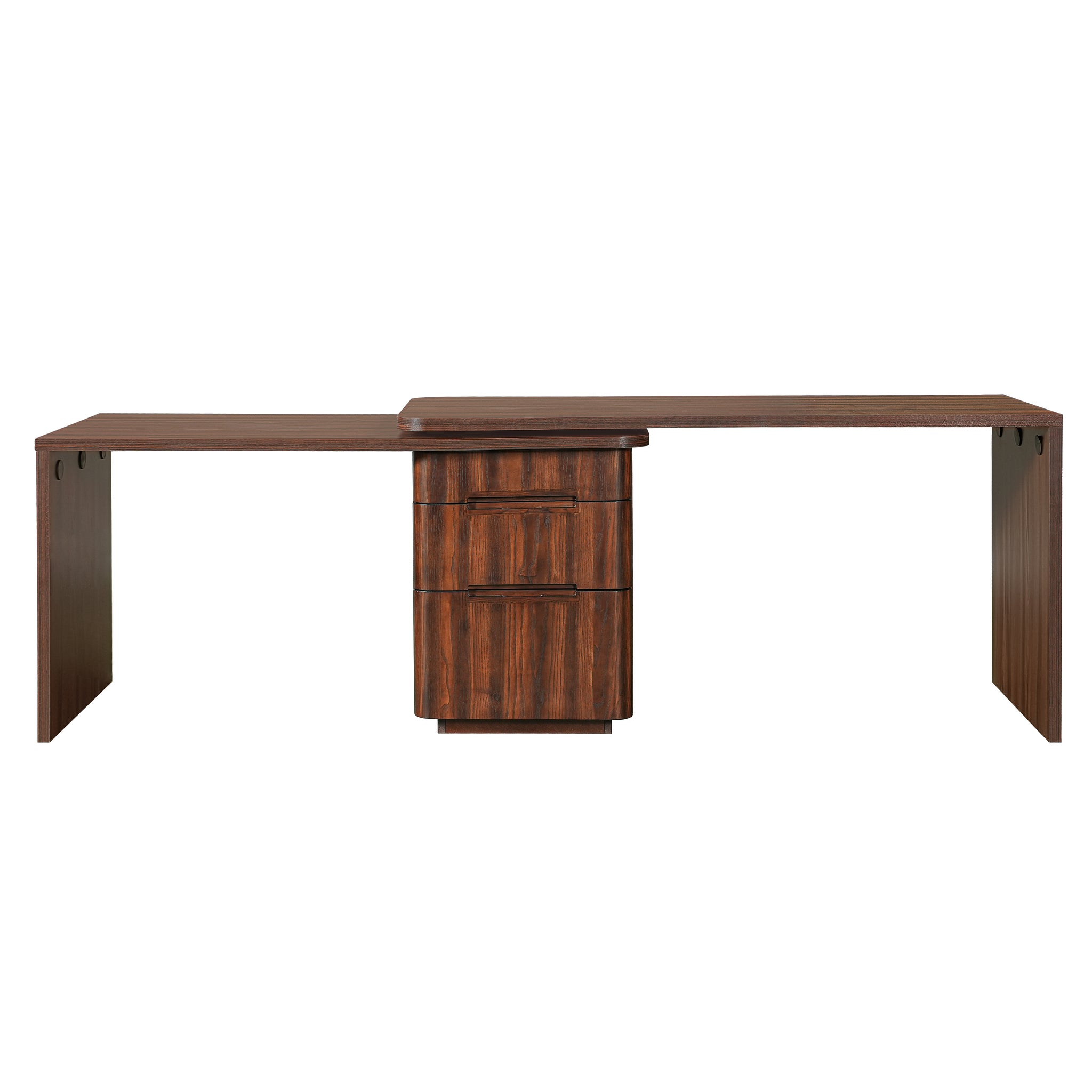 Walnut L-shaped desk from Anthony & Home with 3 drawers and 360-degree rotation in a modern home office setting.