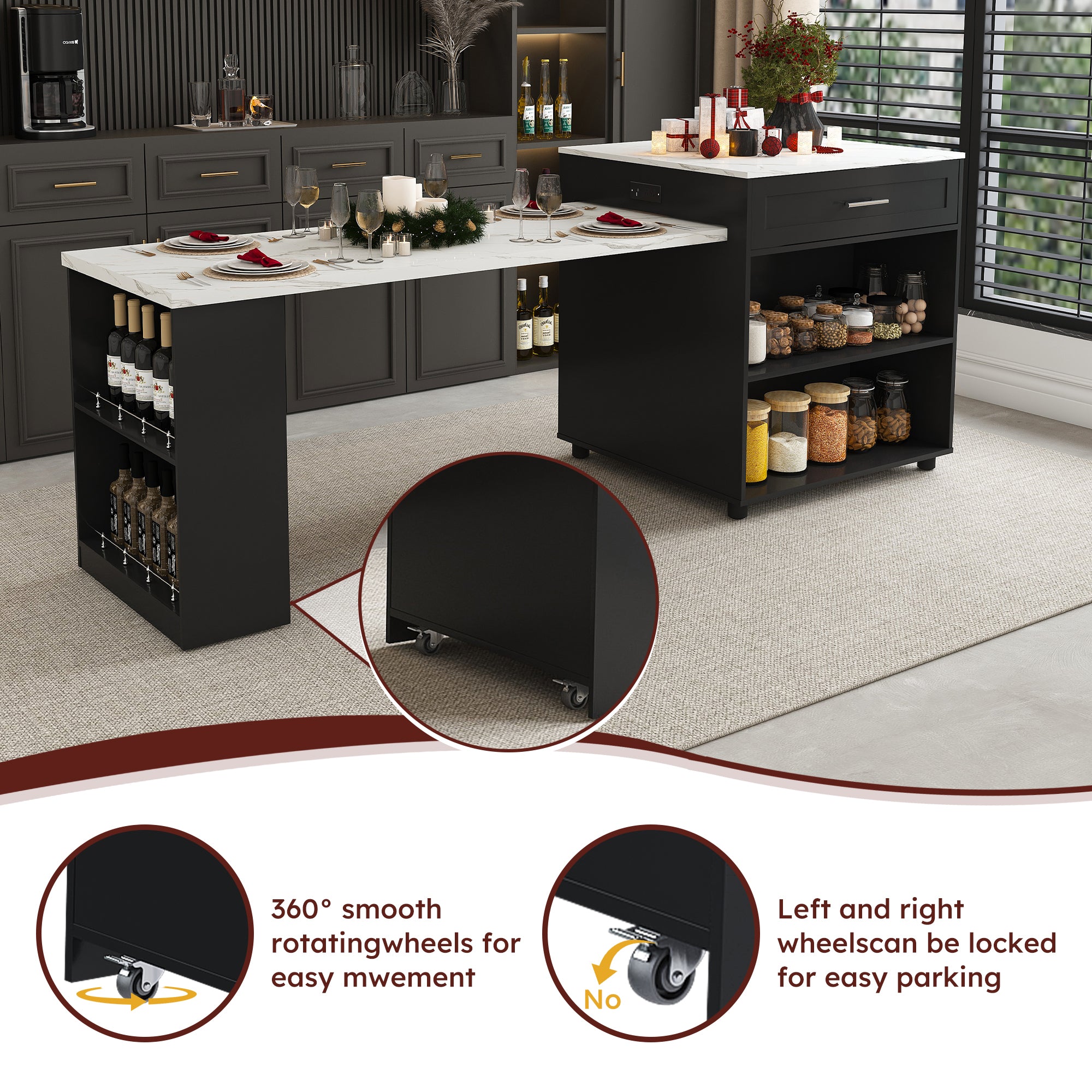 Black Expandable Kitchen Island with Marble - Grain Countertop, Power Outlet, Mobile Storage Cart with Cabinet & 2 Drawers, 80 - Inch Dining Table - Anthony & Home