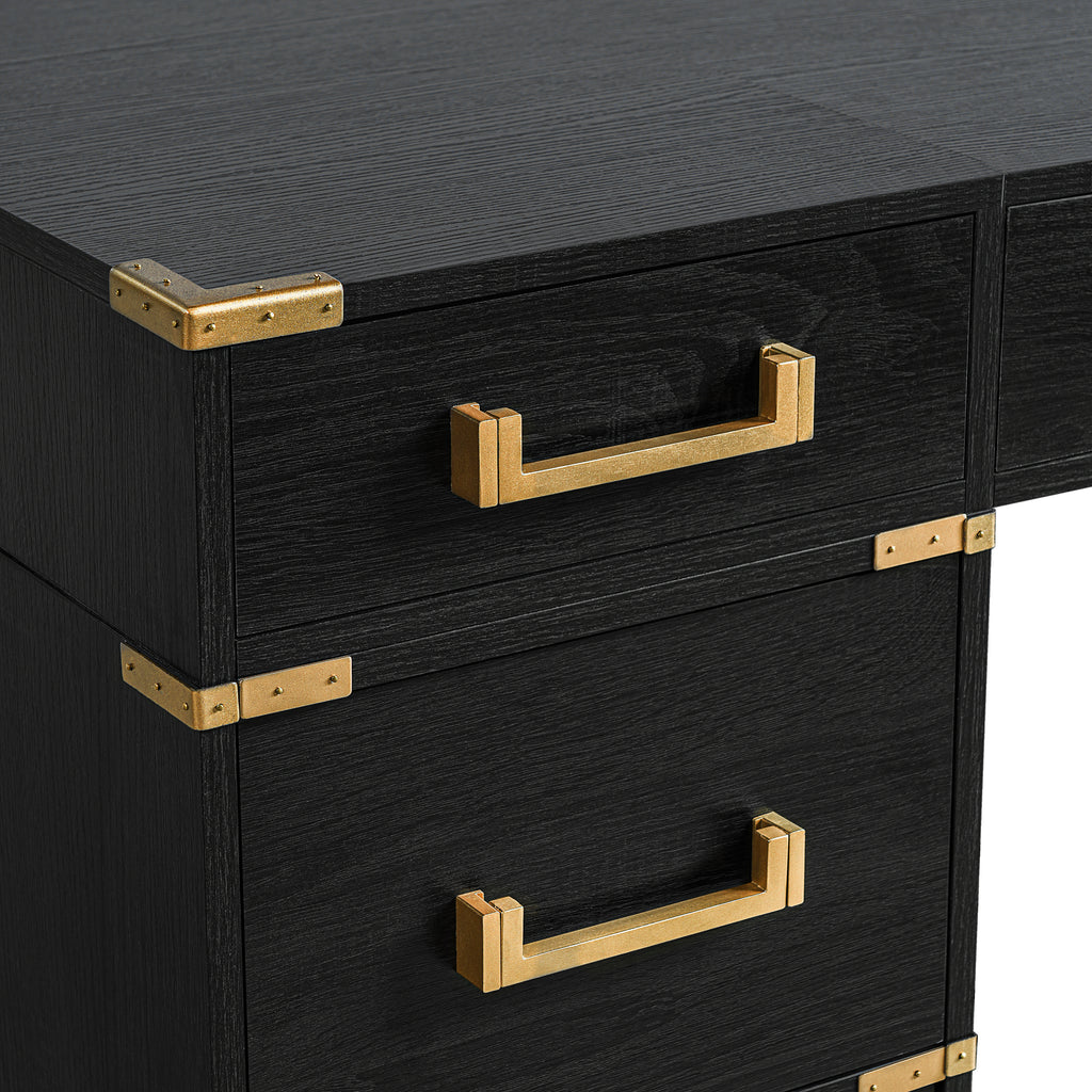 Close-up of Anthony & Home Executive Desk with signature metal edge trim, showcasing sleek metal detailing on the desk surface.
