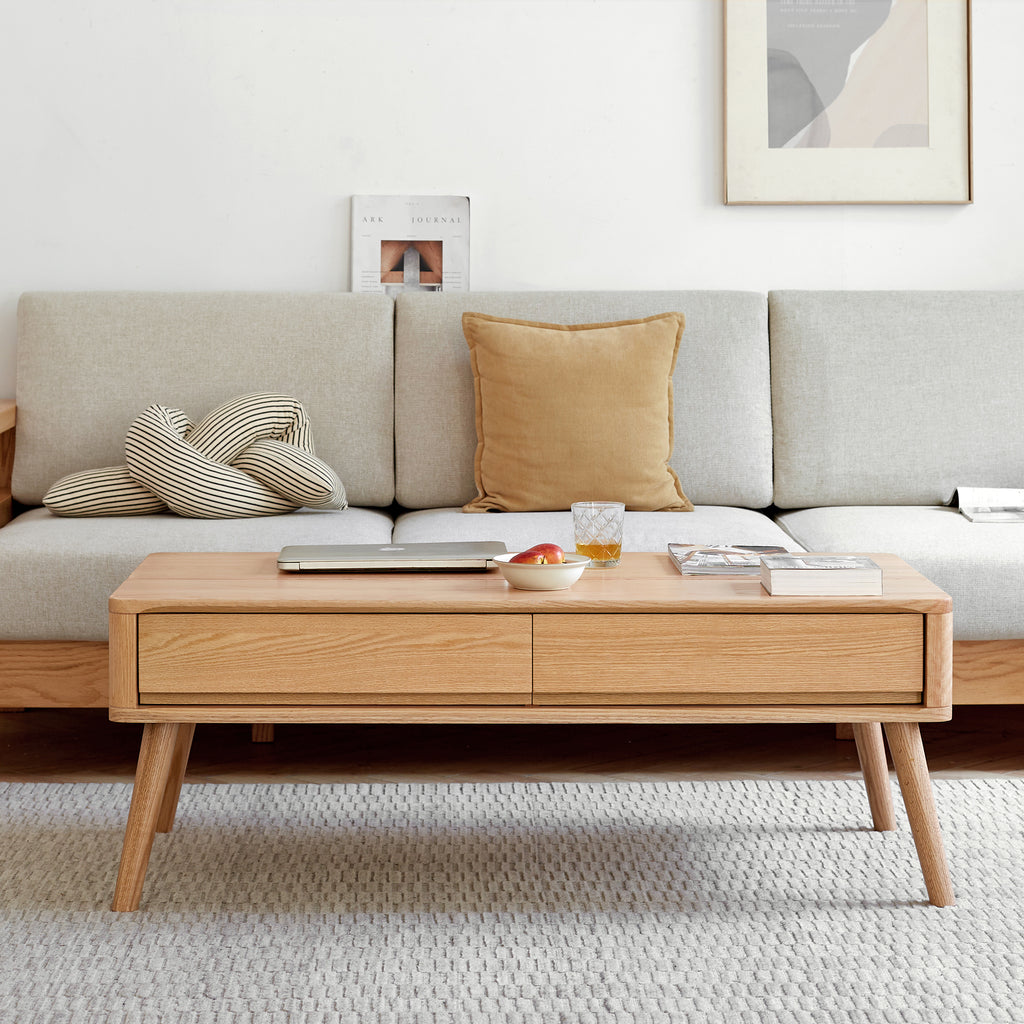 Solid oak coffee table with storage shelf from Anthony & Home, 39.4 inches wide, 23.6 inches deep, and 17.7 inches high.