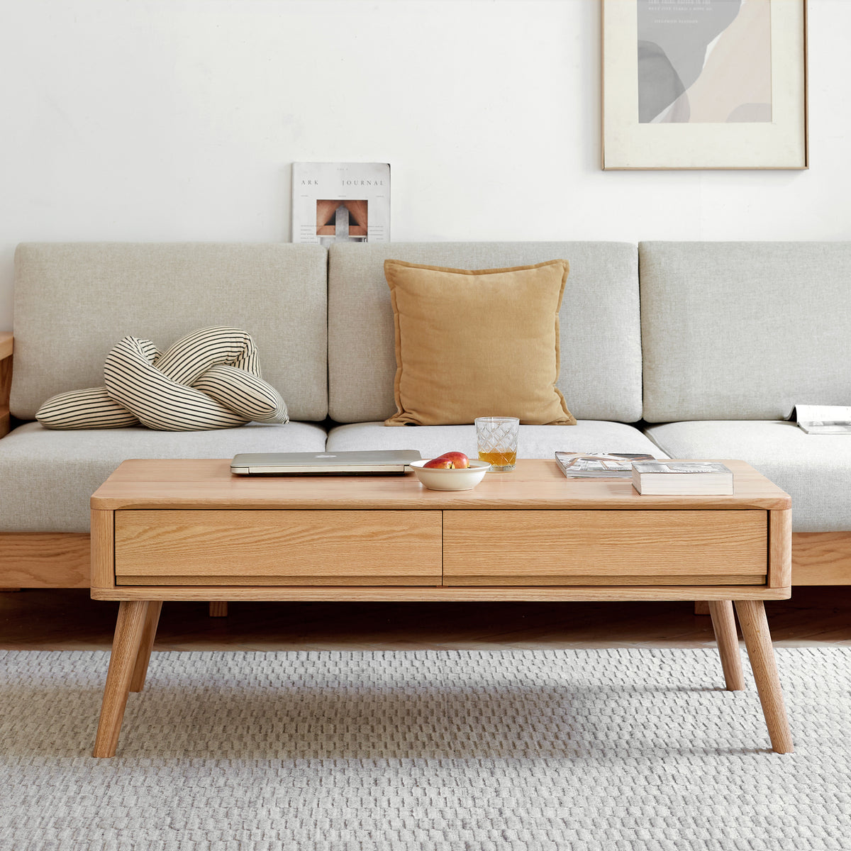 Solid oak coffee table with storage shelf from Anthony & Home, 39.4 inches wide, 23.6 inches deep, and 17.7 inches high.