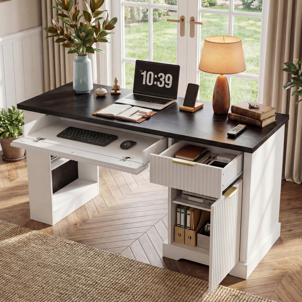 White 55-inch Atelier Fluted Office Desk with storage cabinet, pegboard, and keyboard tray by Anthony & Home.