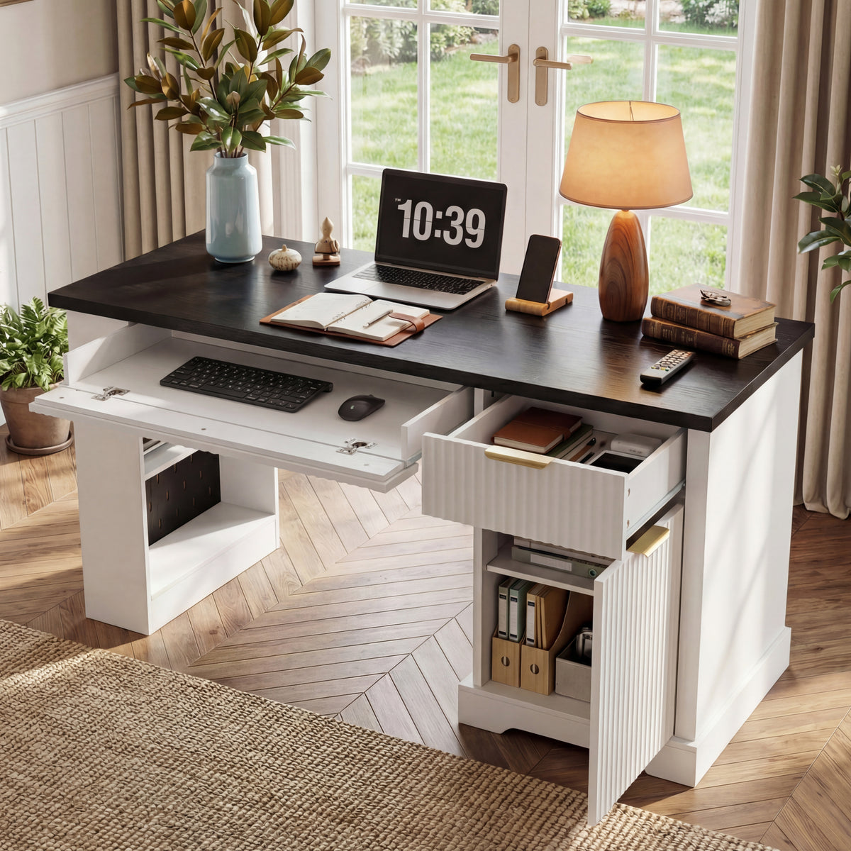 White 55-inch Atelier Fluted Office Desk with storage cabinet, pegboard, and keyboard tray by Anthony & Home.