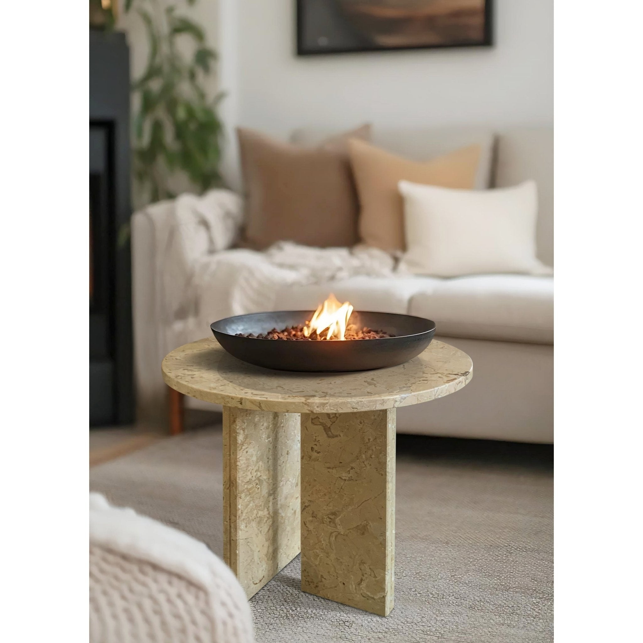 Anthony & Home Glod beige marble round coffee table with gold finish, elegant and stylish for modern living rooms.