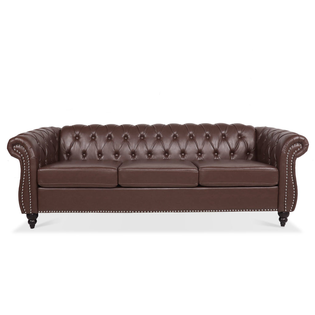 Anthony & Home Chesterfield sofa with birch wood legs, featuring deep button tufting and plush upholstery for a classic, elegant look.
