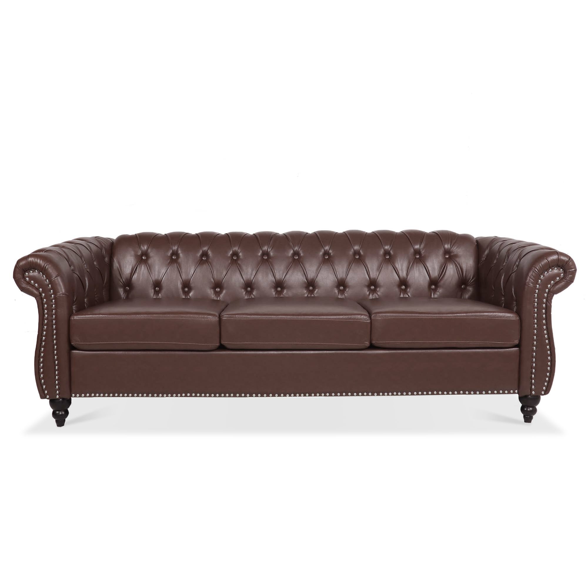 Anthony & Home Chesterfield sofa with birch wood legs, featuring deep button tufting and plush upholstery for a classic, elegant look.