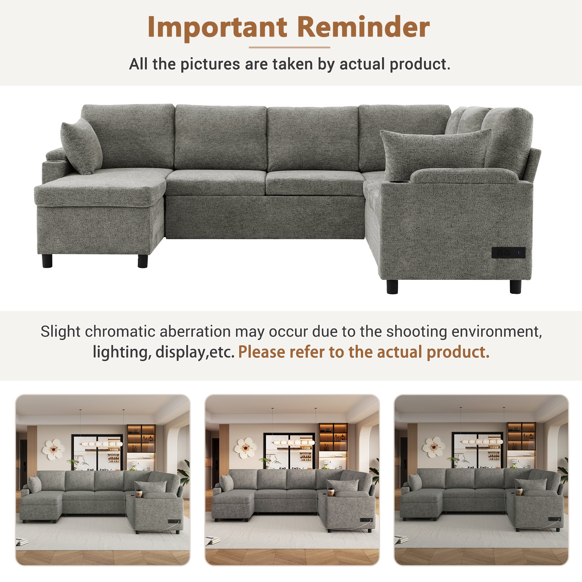 Light grey Anthony & Home chenille sectional sofa bed in exclusive edition, showing the plush fabric and modern design.
