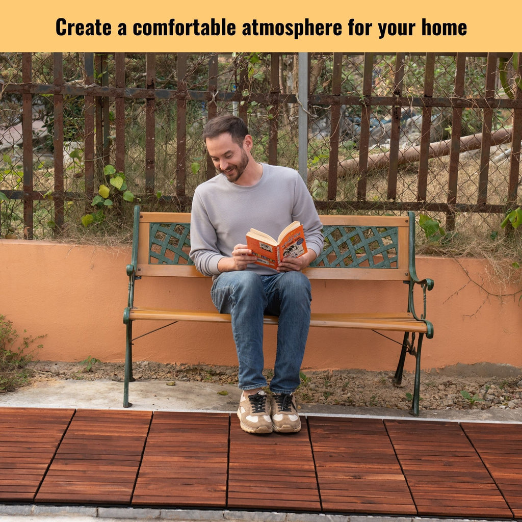 Anthony & Home Acacia Studio Interlocking Deck Tiles in striped pattern, 12-inch outdoor flooring for patios and decks