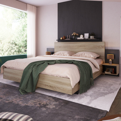 Oak Sonoma Dark Gray Wooden Double Bed With Two Nightstands