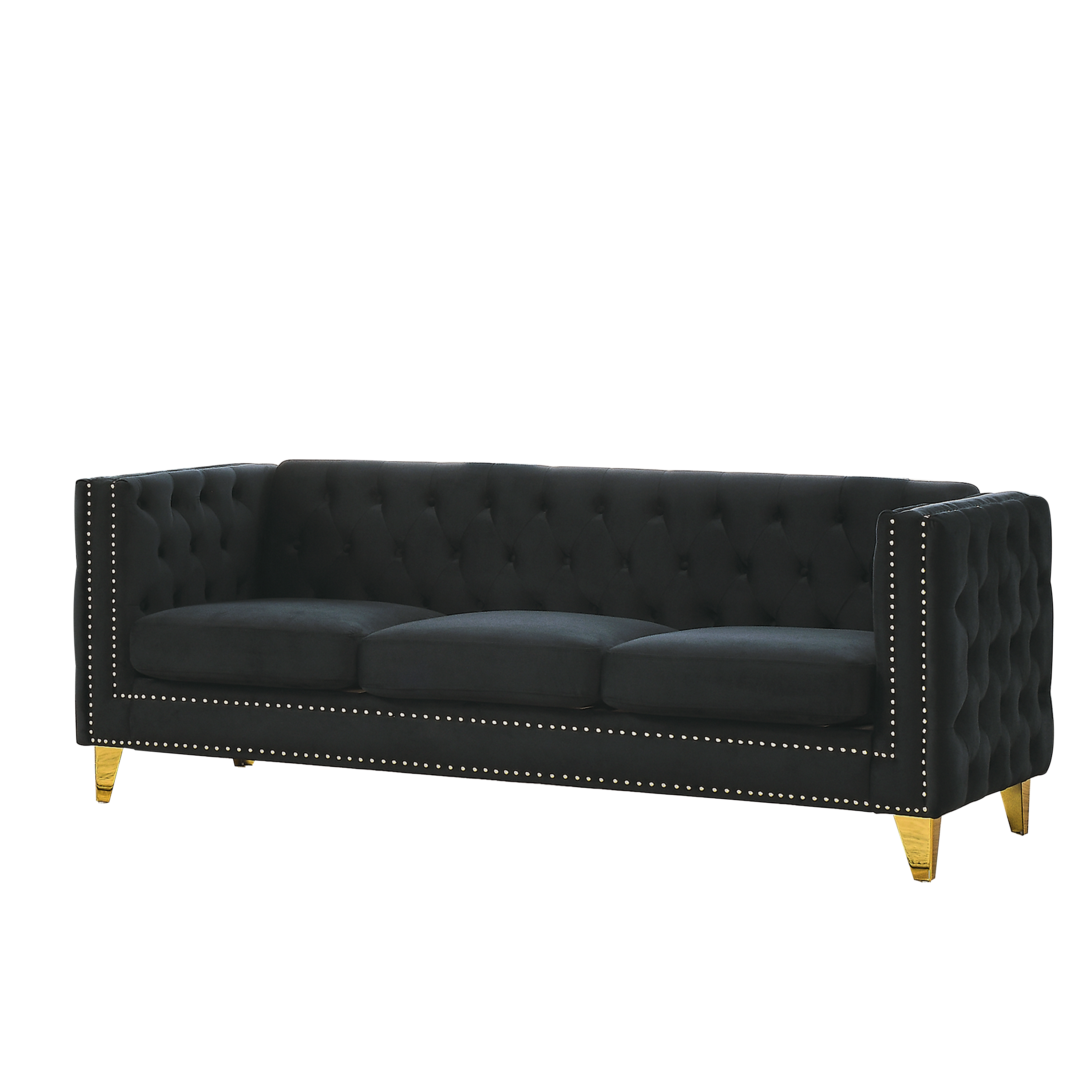 Modern black velvet sofa with button tufting, metal legs, 3-seater design, upholstered in soft velvet with a solid wood frame.