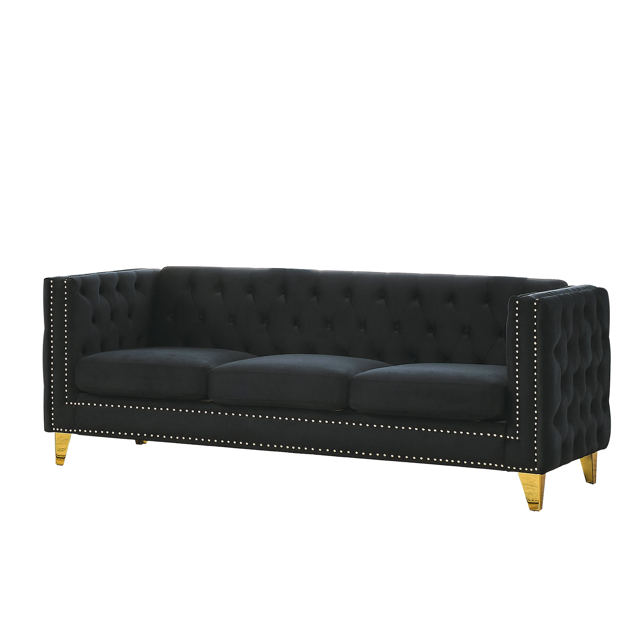 Black Atelier Velvet Tufted 3-Seater Sofa with metal legs by Anthony & Home, showcasing plush tufted upholstery and modern design.
