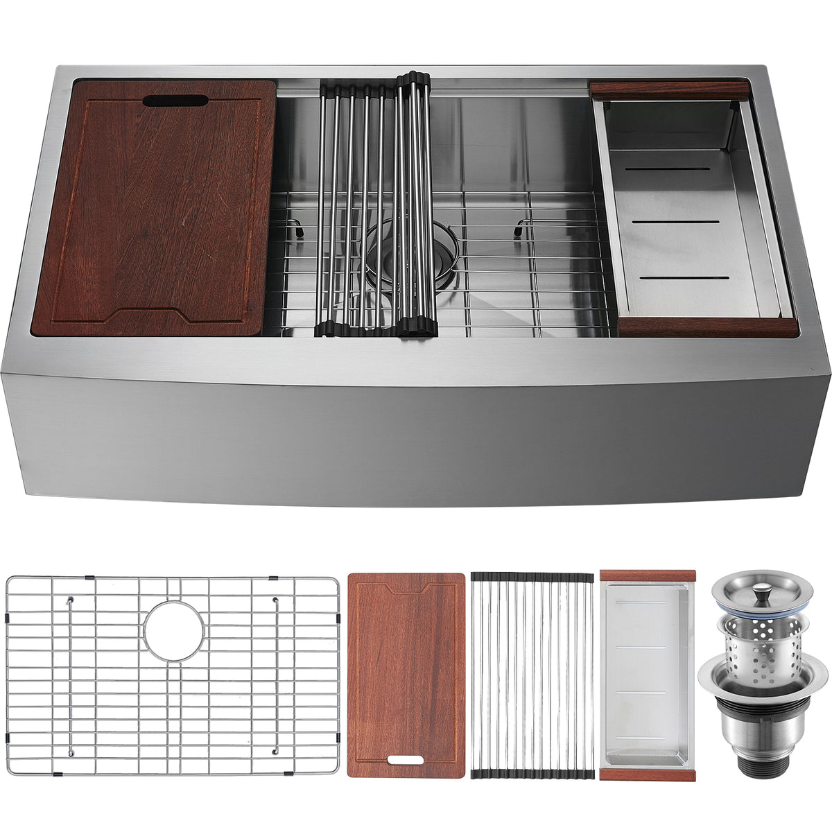 Anthony & Home Studio 304 stainless steel farmhouse kitchen sink with single bowl and durable construction.