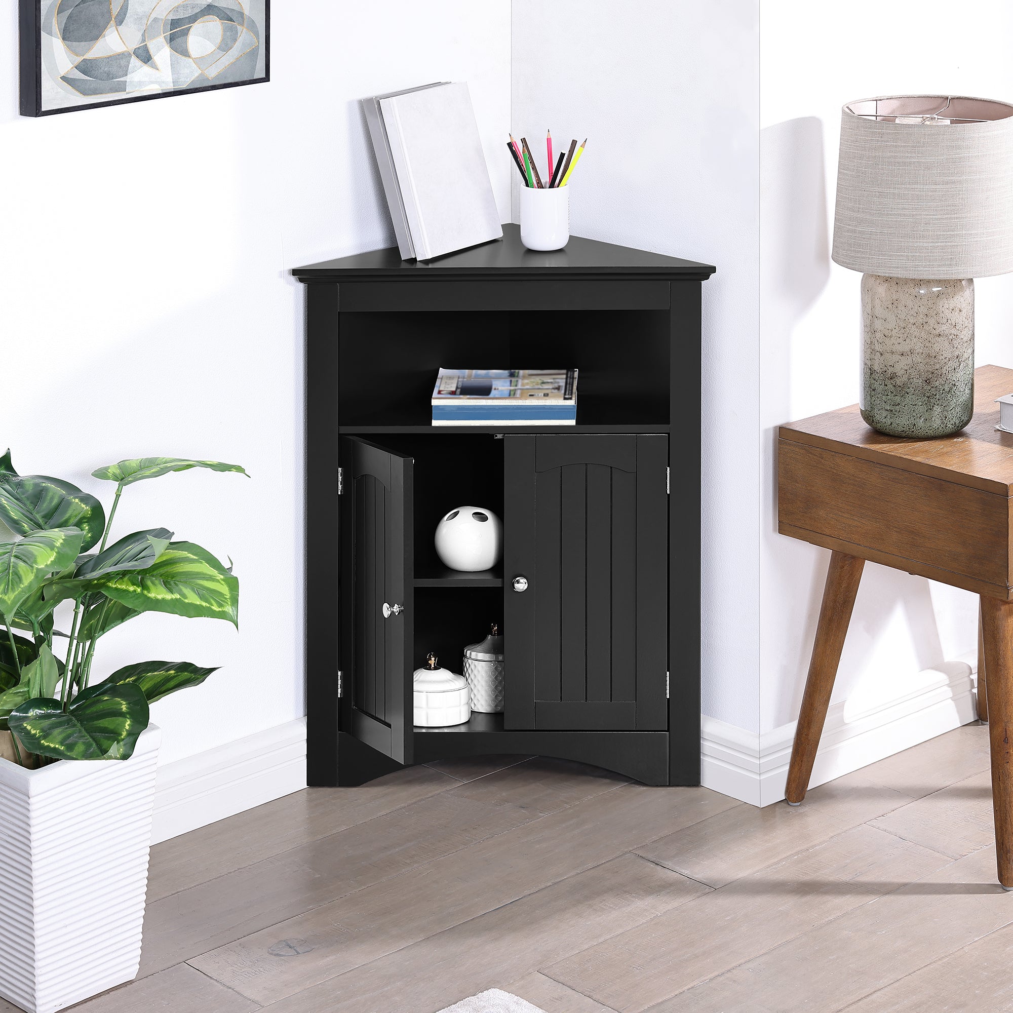 Matte black finish corner sideboard by Anthony & Home, featuring sleek modern design and ample storage space.
