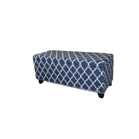 42" Blue and White and Dark Brown Upholstered Polyester Quatrefoil Bench with Flip top - Anthony & Home