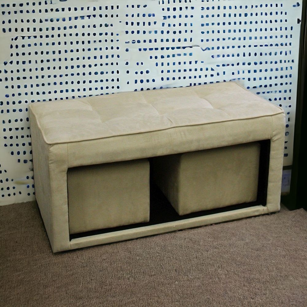 Beige Storage Bench and Ottoman Set