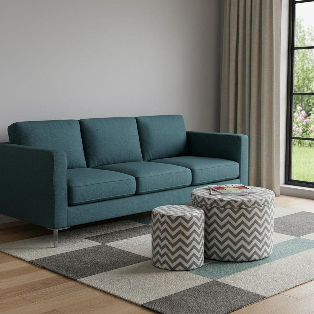 Set of Two Gray and White Polyester Blend Round Geometric Footstool Ottoman