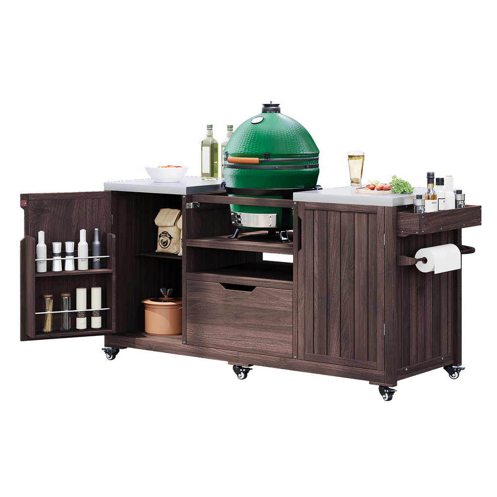 Anthony & Home Atelier Edition outdoor kitchen island with solid wood construction designed for Kamado grills.