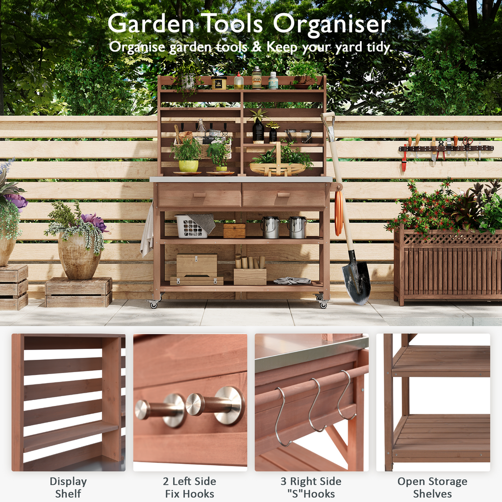 Anthony & Home outdoor potting bench with stainless steel top, featuring a sturdy wooden frame and ample workspace for gardening tasks.