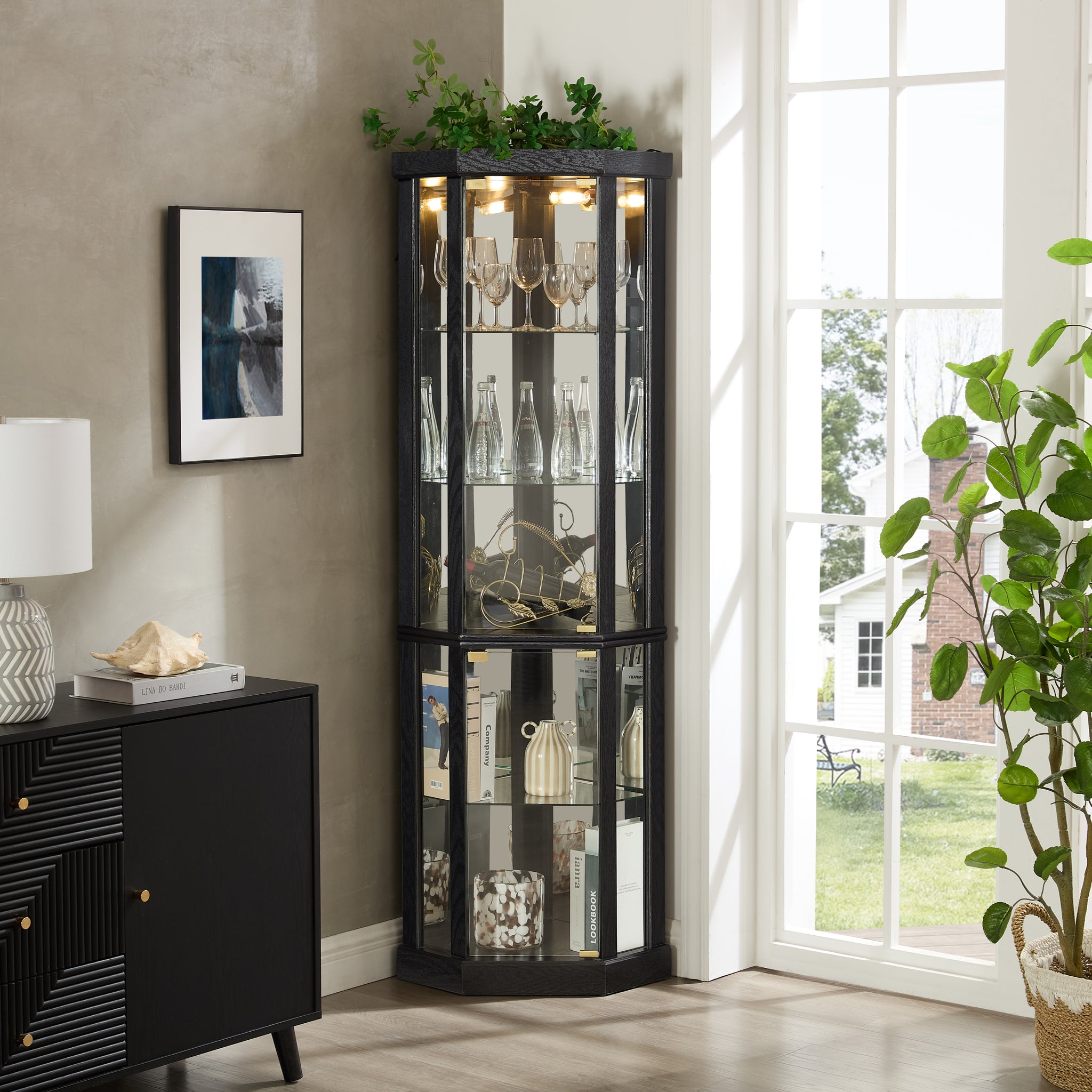 Anthony & Home heritage lighted corner curio cabinet with glass display for antiques and wine collection.