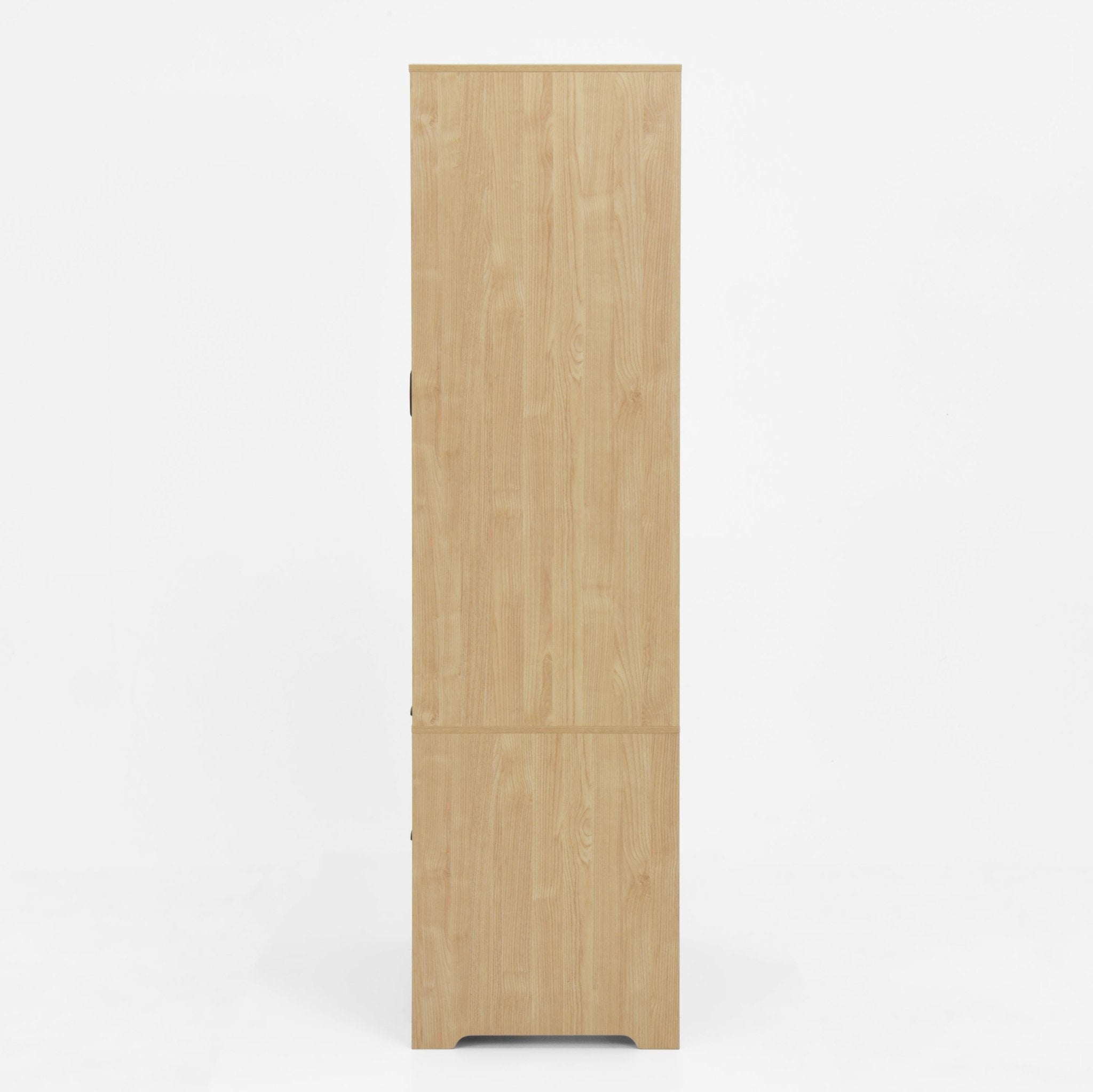 Anthony & Home natural veneer wardrobe with built-in light, mirror, two doors, hanging rod, and two drawers.