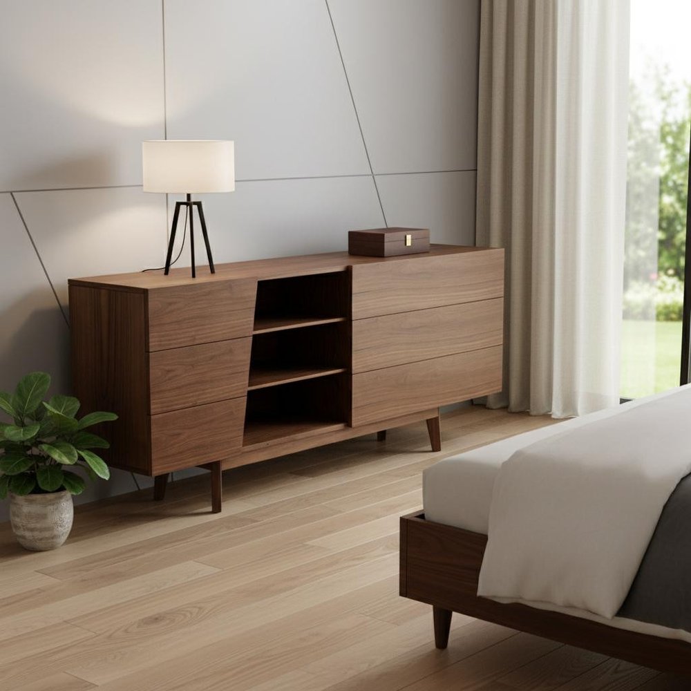 Vintage Style Walnut Veneer Six Drawer Dresser