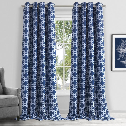 Navy interlock pattern curtain panel from HomeRoots, 84-inch window drapes with elegant design for living room or bedroom.