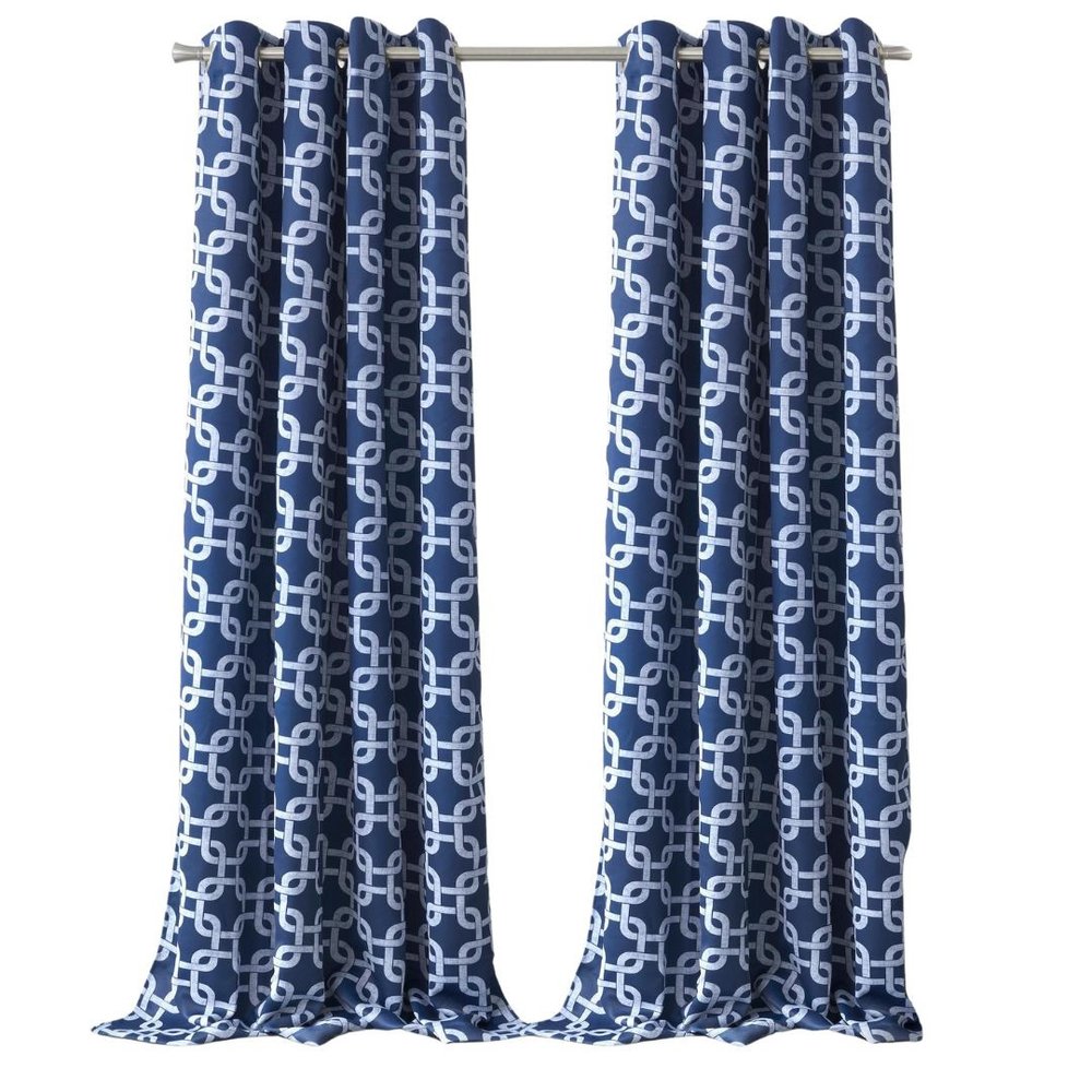 Navy interlock pattern window curtain panel from HomeRoots, 84-inch length, with a stylish woven design and rod pockets.