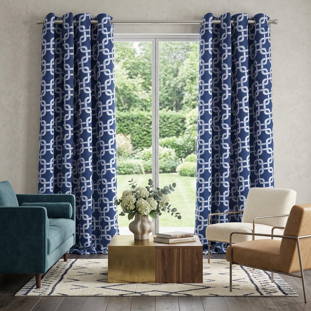 Navy interlock pattern window curtain panel by HomeRoots, 84 inches long, with a stylish, textured fabric for elegant window decor.