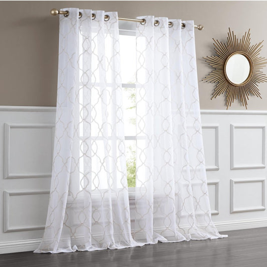 Charcoal trellis pattern embroidered window curtain panel by HomeRoots, 84-inch length, stylish curtains and drapes for home decor.