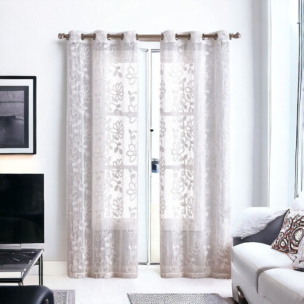 Set of Two 84" White Floral Embroidered Window Panels - Anthony & Home