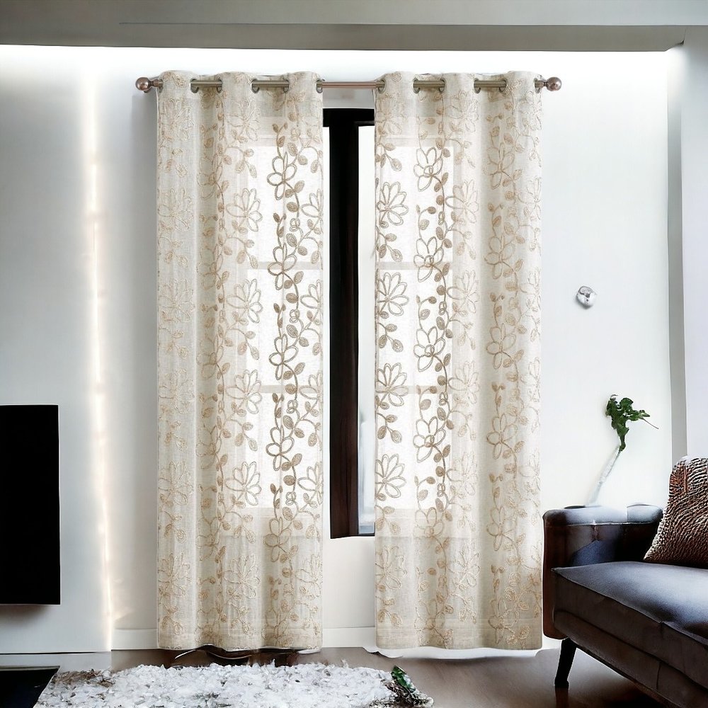 Set of Two 96"  Tan Floral Embroidered Window Panels