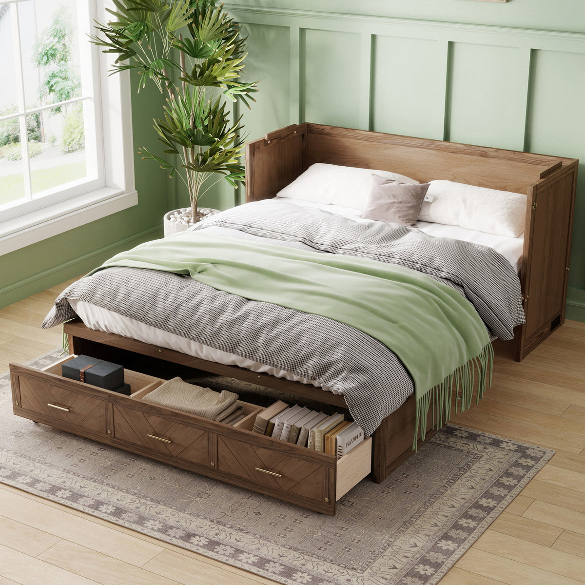 Murphy bed studio in light walnut finish by Anthony & Home, featuring a modern fold-down bed with sleek wooden cabinetry.
